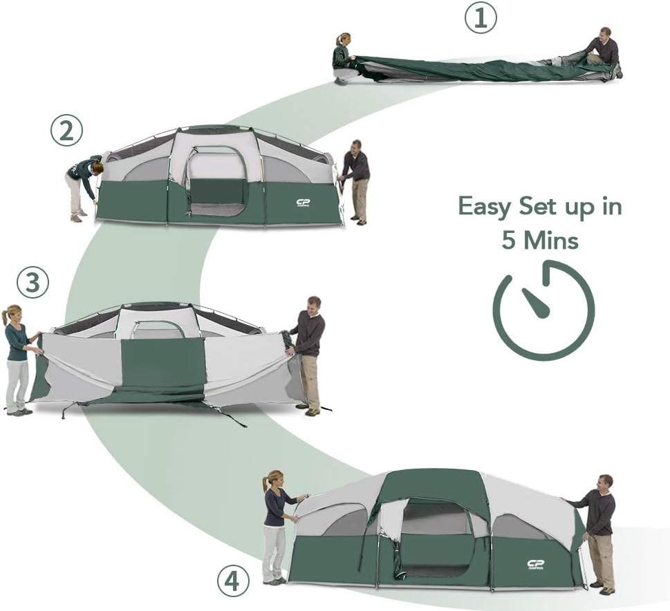 CAMPROS CP Tent 8 Person Camping Tents, Weather Resistant Family Tent, 5 Large Mesh Windows, Double Layer, Divided Curtain for Separated Room, Portable with Carry Bag