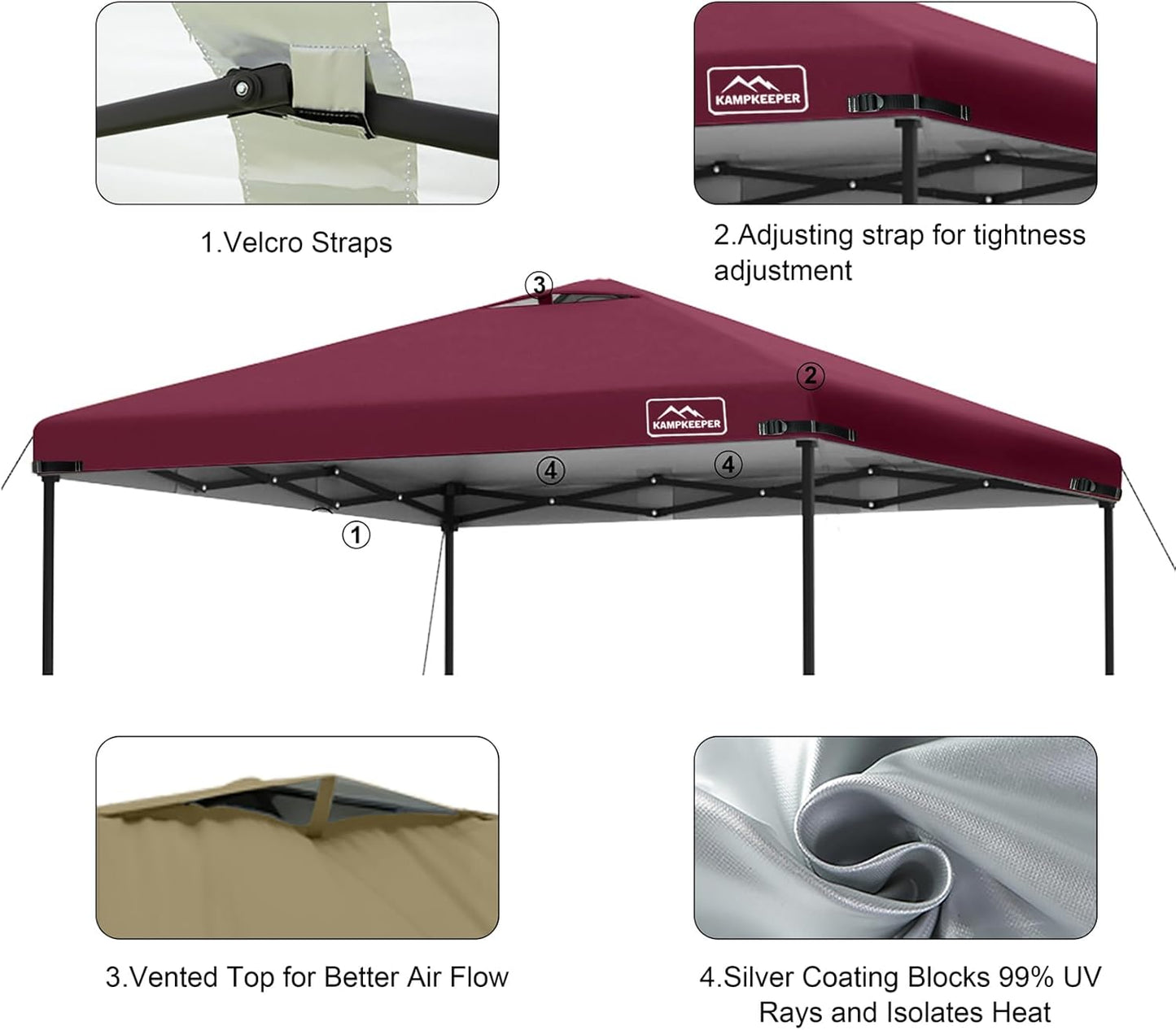 KAMPKEEPER 10x10 Replacement Top Pop Up Canopy Tent Top Cover Roof with Air Vent and Adjustable Elastic Strap, Polyester UV Waterproof for Outdoor Garden Patio Pavilion Sun Shade(Top Only) (Red)