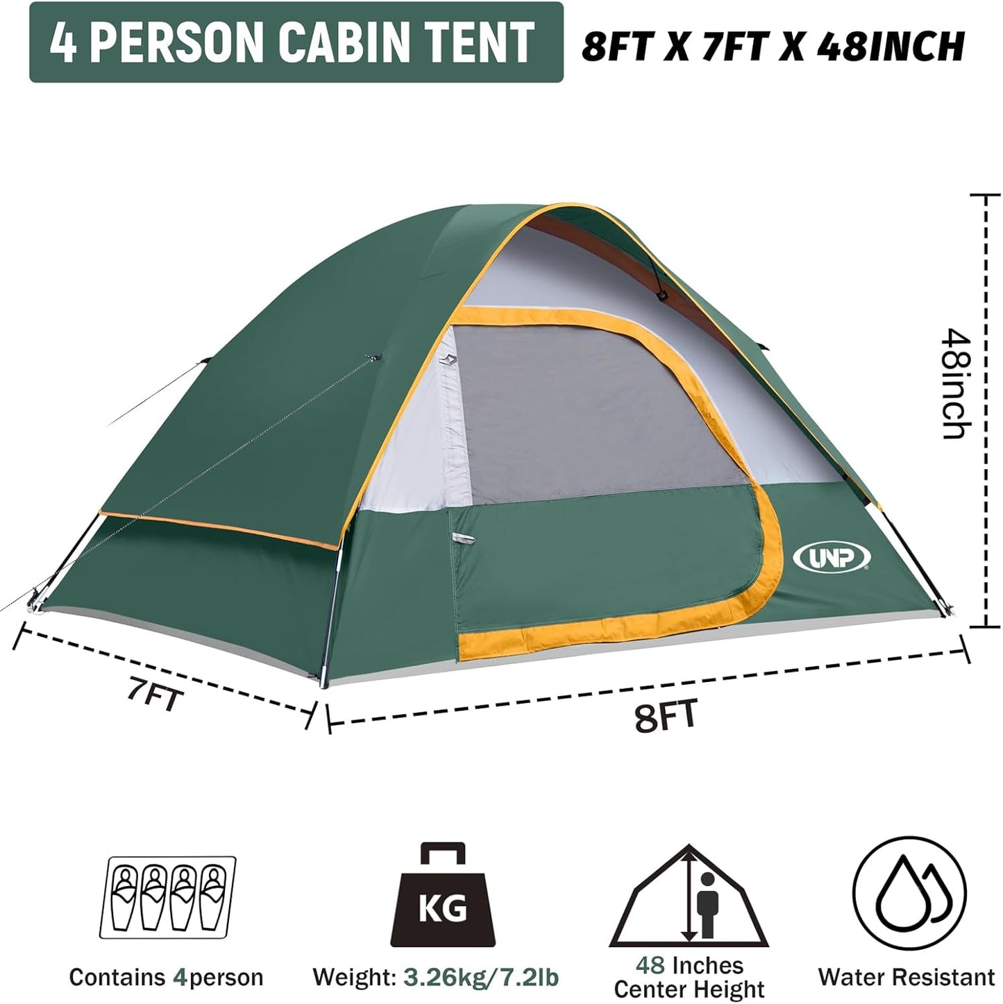 UNP Familienzelt 4 Personen, Wasserdicht, Winddicht, Mit Regenschutz, Einfach Aufzubauen, Tragbares Kuppelzelt FüR Camping, 240 X 210 X 120 cm
