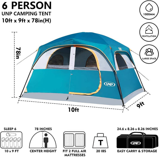 UNP Tents 6 Person Waterproof Windproof Easy Setup,Double Layer Family Camping Tent with 1 Mesh Door & 5 Large Mesh Windows -10'X9'X78in(H)