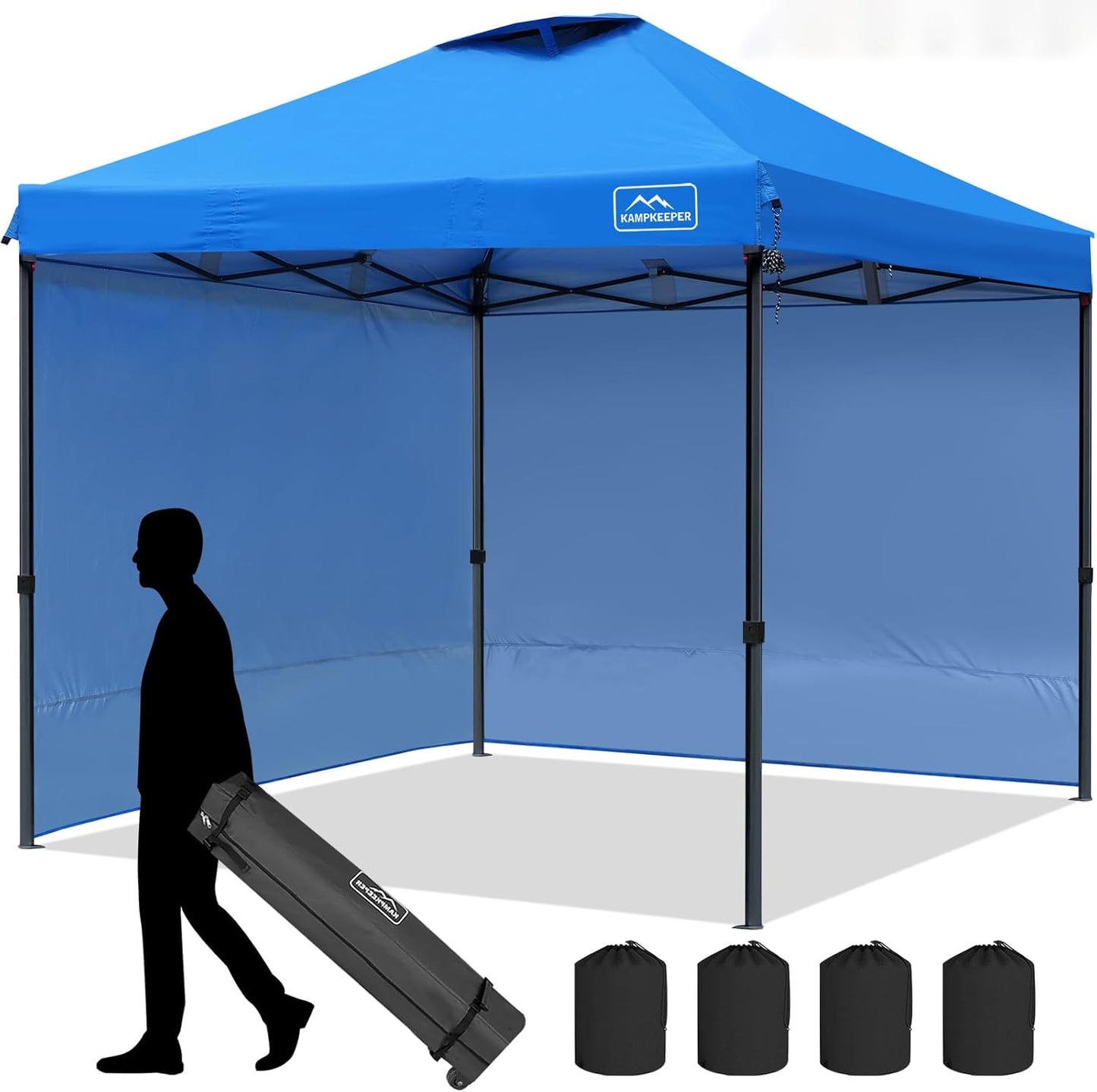 KAMPKEEPER 10x10 Pop Up Canopy Tent with 2 Sidewalls, Beach Tent - Easy Outdoor Sun Shade for Events, Parties, Camping - Gazebo with 4 Weight Bags & Carry Bag.(Navy Blue)