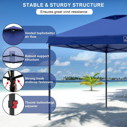 KAMPKEEPER 10x10 Pop Up Canopy Tent with 2 Sidewalls, Beach Tent - Easy Outdoor Sun Shade for Events, Parties, Camping - Gazebo with 4 Weight Bags & Carry Bag.(Navy Blue)
