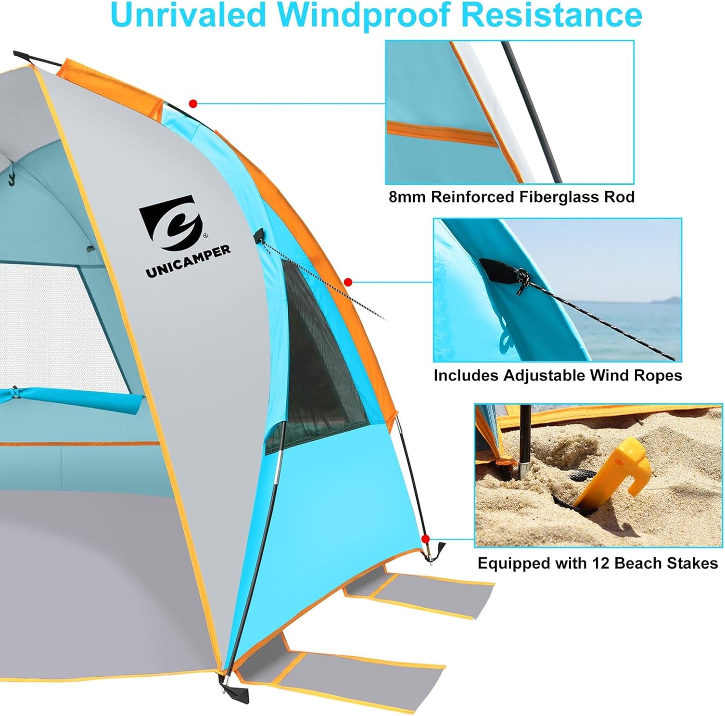 Unicamper Beach Tent 2-3 Person Sun Shelter UPF 50+ with Extended Waterproof Pe Floor & 3 Mesh Roll Up Windows Fits, Portable Beach Shade Easy Setup for Outdoor Camping, Indoor, Fishing, Yard. (Blue)