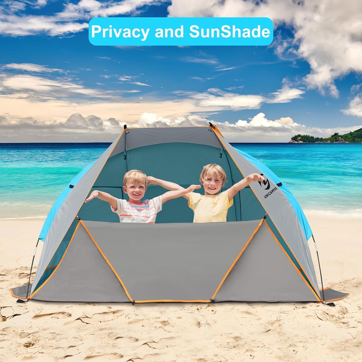 Unicamper Beach Tent 2-3 Person Sun Shelter UPF 50+ with Extended Waterproof Pe Floor & 3 Mesh Roll Up Windows Fits, Portable Beach Shade Easy Setup for Outdoor Camping, Indoor, Fishing, Yard. (Blue)