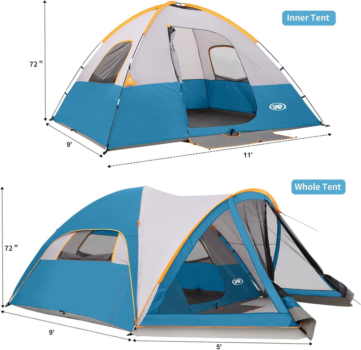 UNP Camping Tent with Screen Room, Portable 6 Person Camping Tent with Screen Porch, Family Dome Tent for Camping Outdoor - 14'x11'x72''(H)