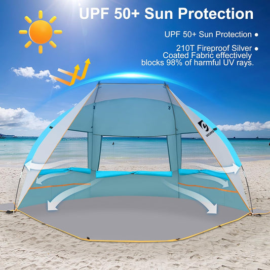 Unicamper Beach Tent 2-3 Person Sun Shelter UPF 50+ with Extended Waterproof Pe Floor & 3 Mesh Roll Up Windows Fits, Portable Beach Shade Easy Setup for Outdoor Camping, Indoor, Fishing, Yard. (Blue)