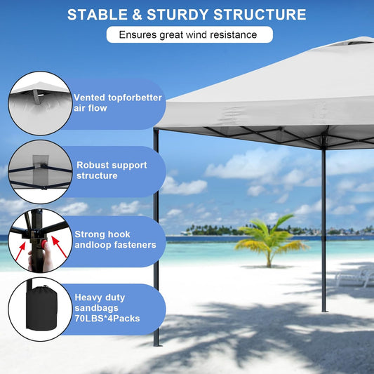 KAMPKEEPER 10x10 Pop Up Canopy Tent with 2 Sidewalls, Beach Tent - Easy Outdoor Sun Shade for Events, Parties, Camping - Gazebo with 4 Weight Bags & Carry Bag.(White)