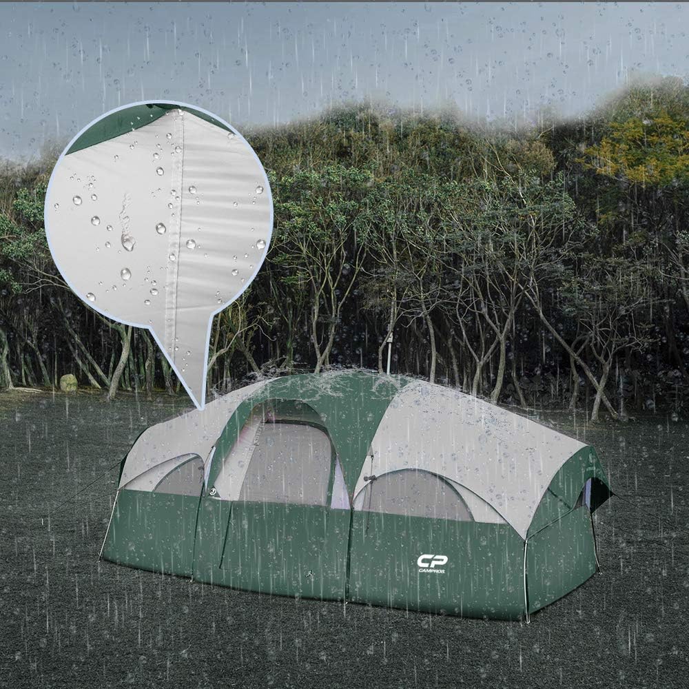 CAMPROS CP Tent 8 Person Camping Tents, Weather Resistant Family Tent, 5 Large Mesh Windows, Double Layer, Divided Curtain for Separated Room, Portable with Carry Bag
