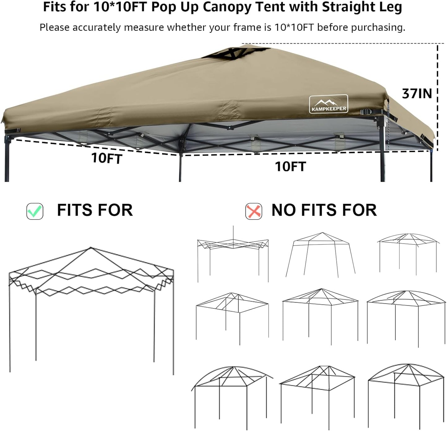 KAMPKEEPER 10x10 Replacement Top Pop Up Canopy Tent Top Cover Roof with Air Vent and Adjustable Elastic Strap, Polyester UV Waterproof for Outdoor Garden Patio Pavilion Sun Shade(Top Only) (Khaki)