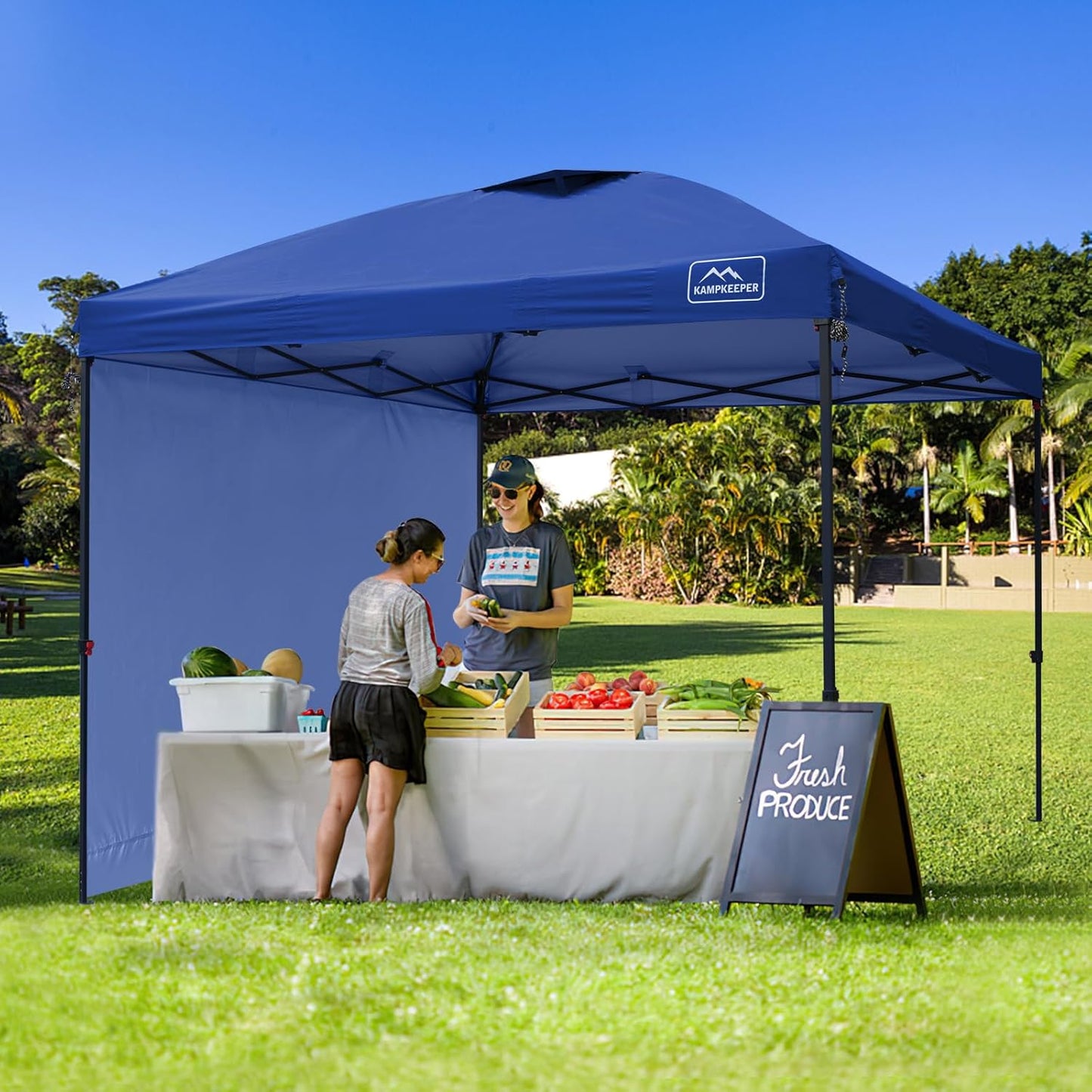 KAMPKEEPER 10x10 Pop Up Canopy Tent with 2 Sidewalls, Beach Tent - Easy Outdoor Sun Shade for Events, Parties, Camping - Gazebo with 4 Weight Bags & Carry Bag.(Navy Blue)