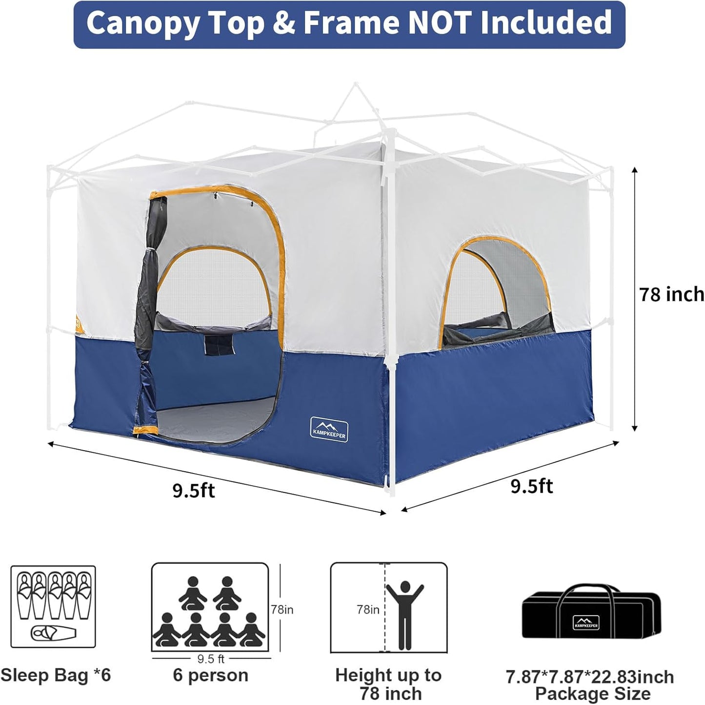 KAMPKEEPER Camping Inner Tent for Pop Up CanopyConverts 10'x10' Canopy into Camping TentFully Vented Roof, Navy Blue