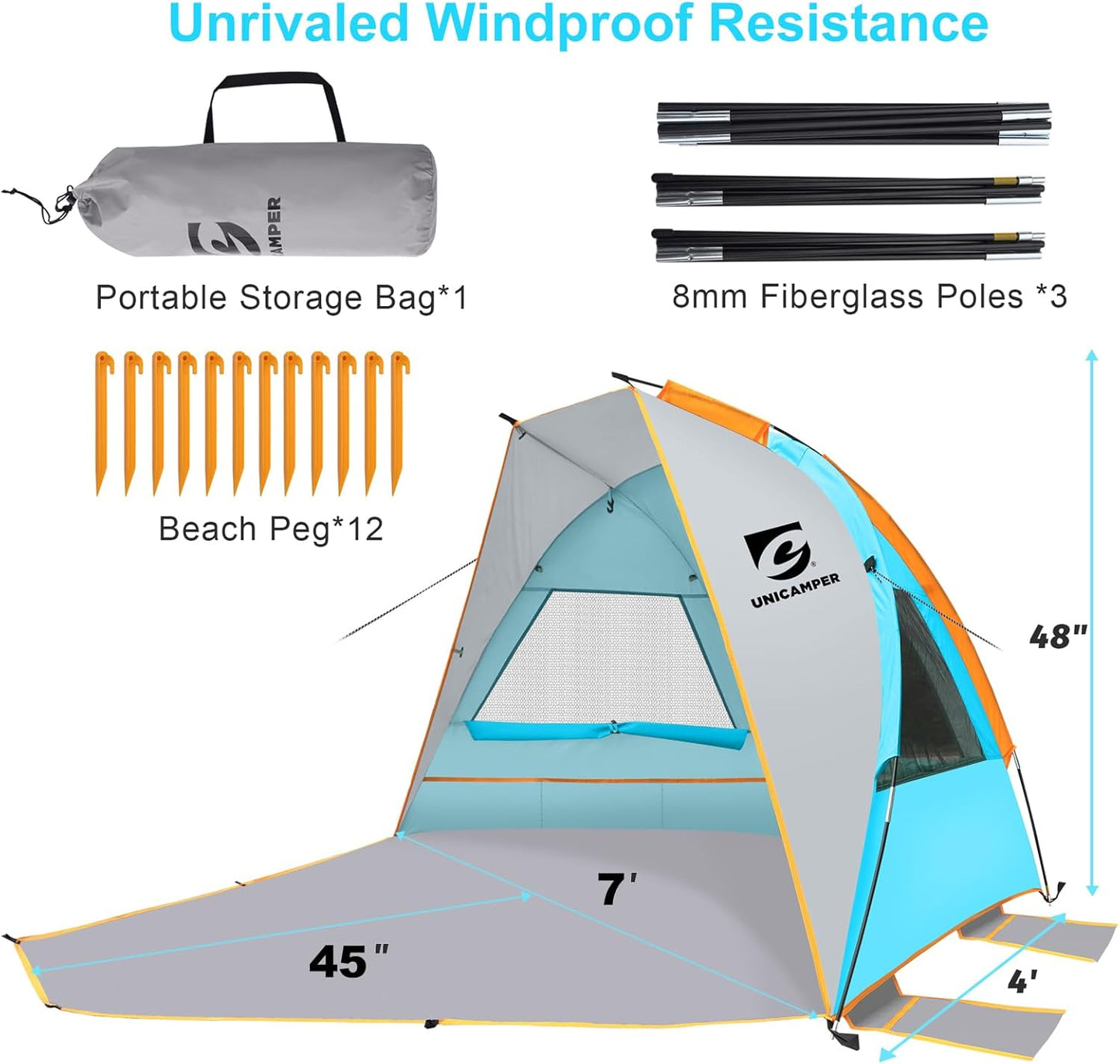 Unicamper Beach Tent 2-3 Person Sun Shelter UPF 50+ with Extended Waterproof Pe Floor & 3 Mesh Roll Up Windows Fits, Portable Beach Shade Easy Setup for Outdoor Camping, Indoor, Fishing, Yard. (Blue)