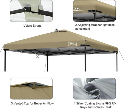 KAMPKEEPER 10x10 Replacement Top Pop Up Canopy Tent Top Cover Roof with Air Vent and Adjustable Elastic Strap, Polyester UV Waterproof for Outdoor Garden Patio Pavilion Sun Shade(Top Only) (Khaki)