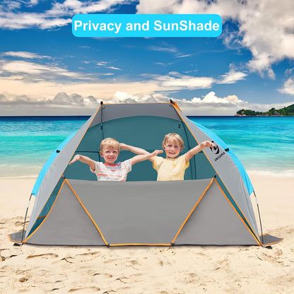 Unicamper Beach Tent 2-3 Person Sun Shelter UPF 50+ with Extended Waterproof Pe Floor & 3 Mesh Roll Up Windows Fits, Portable Beach Shade Easy Setup for Outdoor Camping, Indoor, Fishing, Yard. (Blue)