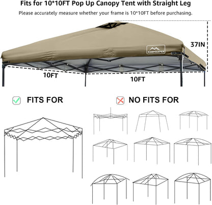 KAMPKEEPER 10x10 Replacement Top Pop Up Canopy Tent Top Cover Roof with Air Vent and Adjustable Elastic Strap, Polyester UV Waterproof for Outdoor Garden Patio Pavilion Sun Shade(Top Only) (Khaki)