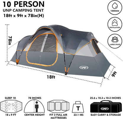 UNP Camping Tent 10-Person-Family Tents, Parties, Music Festival Tent, Big, Easy Up, 5 Large Mesh Windows, Double Layer, 2 Room, Waterproof, Weather Resistant, 18ft x 9ft x78in